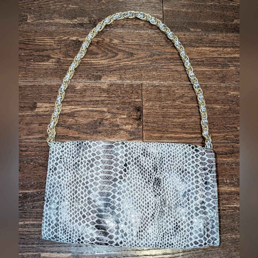 Elliott Luca Gray Snakeskin Envelope Clutch With Gold Chain Shoulder Bag - Picture 2 of 8